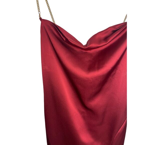 NBD Alessi Gown Satin Ruched Cowl Neck Chain Straps Side Slit Burgundy Size XS - Picture 5 of 13